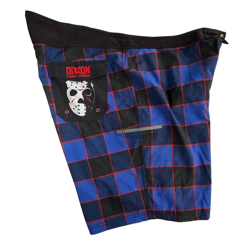 Dixxon Flannel Co Jason Friday the 13th Board Shorts Blue Black Plaid Mens 42 - Picture 3 of 7